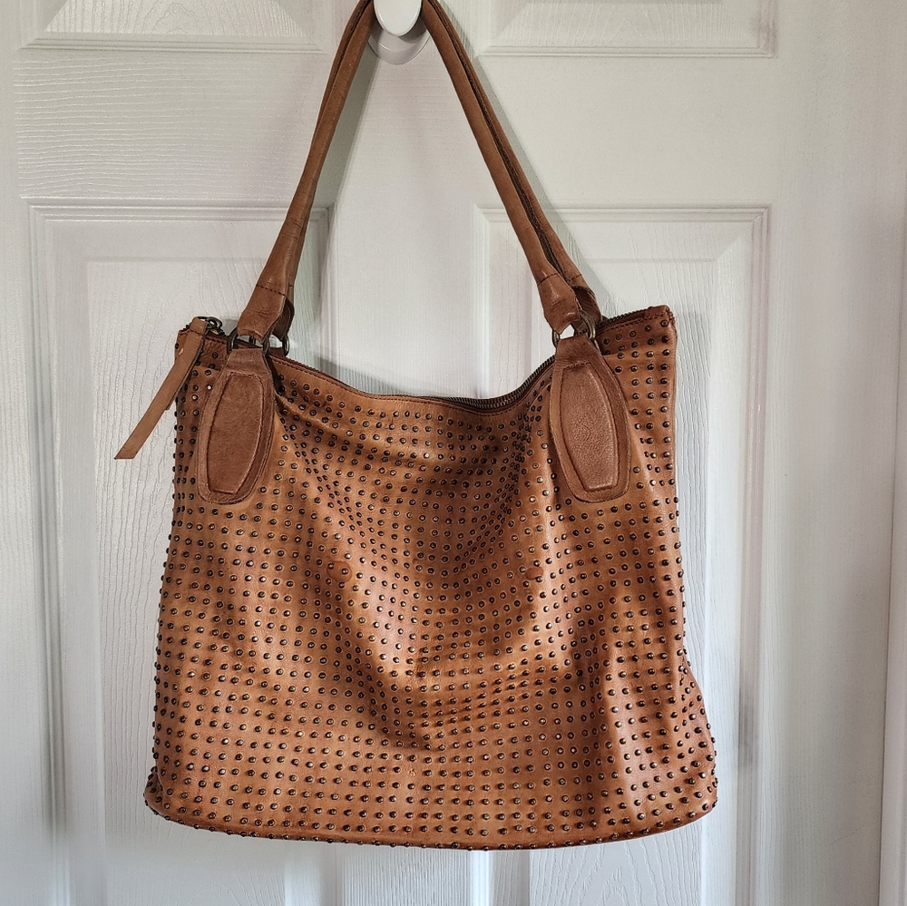 Italian leather brown studded shoulder bag from Platania made in Italy